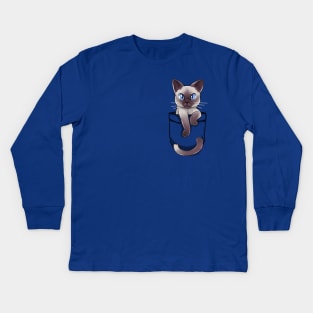 Pocket Cute Siamese Cat Kids Long Sleeve T-Shirt